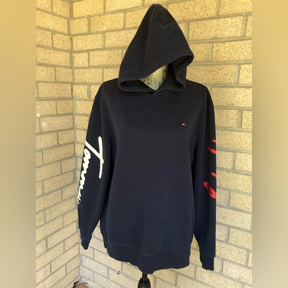 Tommy Hilfiger Soft Classic Navy Blue Hoodie White Red Cursive Logo Sleeve Decal - Picture 17 of 17
